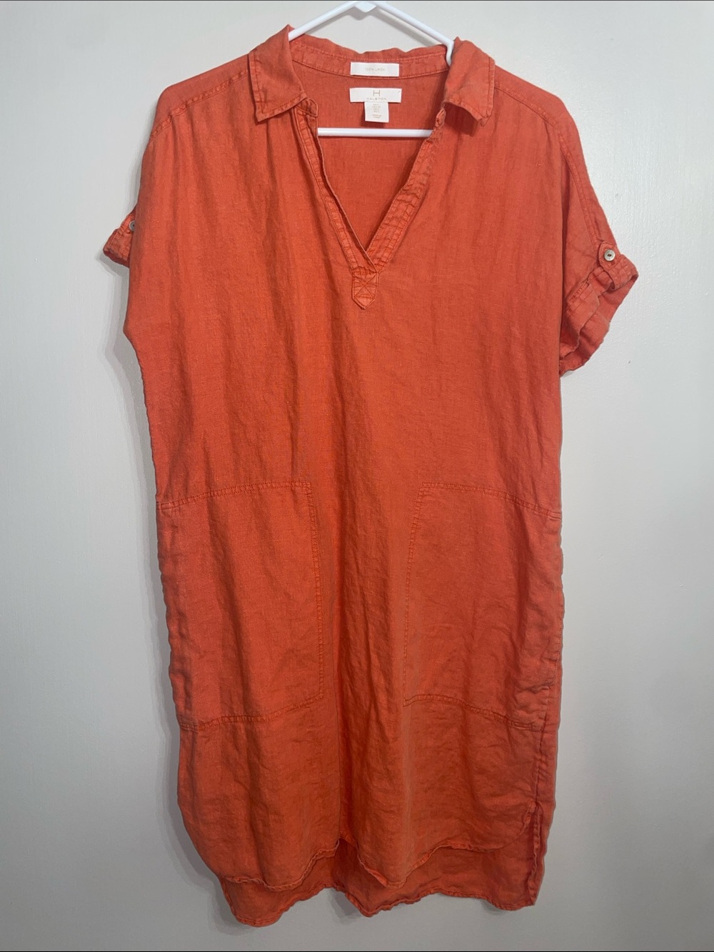100% Linen Halston Heritage Coral-Orange Shirt Dress